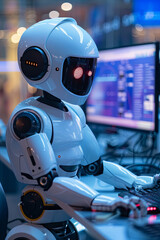 Humanoid robot working in a call center, AI technology