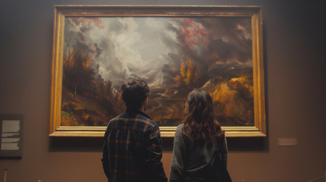 Couple looking at a painting in an art gallery