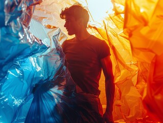 Eco-Friendly Cleaner Emptying Trash, Colorful Double Exposure Silhouette with Copy Space.