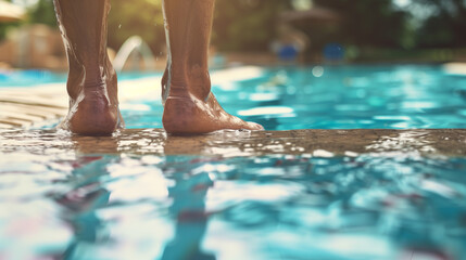 Obraz premium Wet feet standing at the edge of a swimming pool