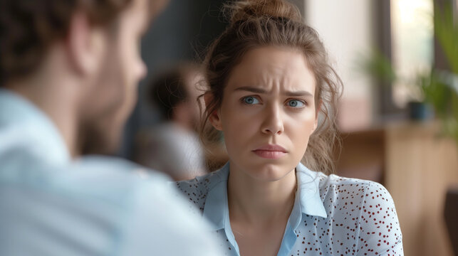 Woman looking confused during a conversation