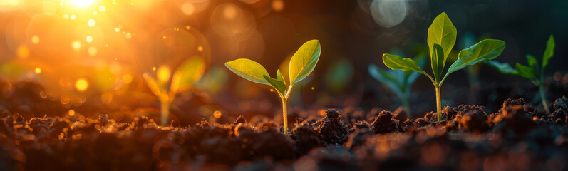 Close-up of young green plants sprouting in soil, bathed in warm sunlight, symbolizing growth and new beginnings.