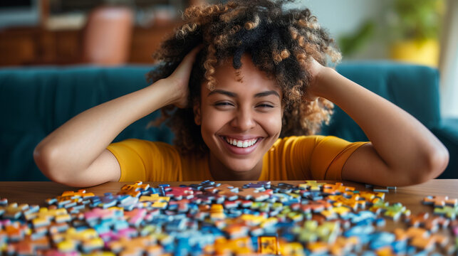 Woman smiling while working on a jigsaw puzzle with hands on her head