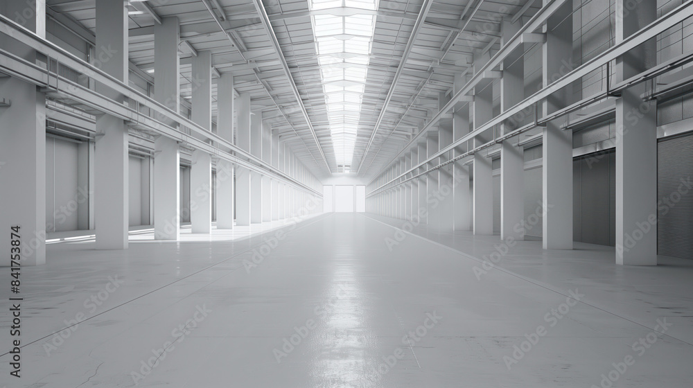 Poster an empty big white clean warehouse. background image. created with generative ai technology.