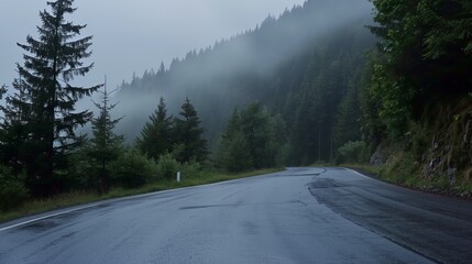 Fototapeta premium Road in green forest misty fog, mountains, hills, pine trees, woods - beautiful landscape roadway background wallpaper copyspace - Ambition, adventure, goal, progress, career path, holiday, nature