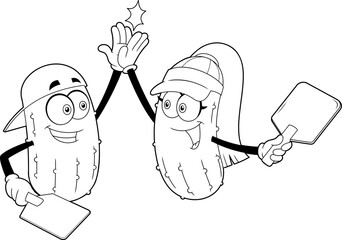 Outlined Cute Man And Girl Pickleball Players Cartoon Characters Giving High Five Vector. Hand Drawn Illustration Isolated On Transparent Background