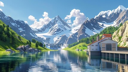 Fototapeta premium The photo shows a beautiful mountain lake with snow-capped peaks in the distance. The sky is blue and the sun is shining. There are trees and a house on the shore of the lake.