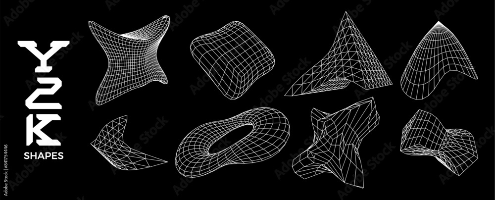 Poster Set of 3D wireframe shapes in brutalism style. Fluid geometric grid objects, and design elements