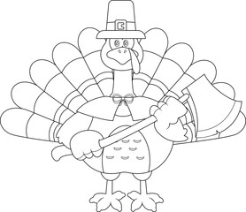 Outlined Cute Pilgrim Turkey Bird Cartoon Character Holding A Axe. Vector Hand Drawn Illustration Isolated On Transparent Background