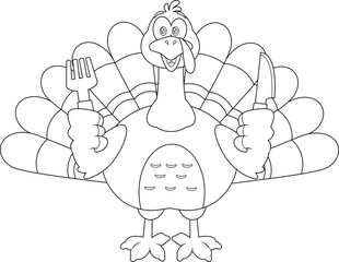 Outlined Happy Thanksgiving Turkey Bird Cartoon Character With Knife And Fork. Vector Hand Drawn Illustration Isolated On Transparent Background