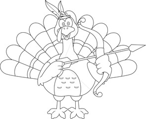 Outlined Funny Thanksgiving Turkey Bird Cartoon Character With Bow And Arrow. Vector Hand Drawn Illustration Isolated On Transparent Background