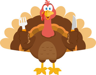 Happy Thanksgiving Turkey Bird Cartoon Character With Knife And Fork. Vector Illustration Flat Design Isolated On Transparent Background