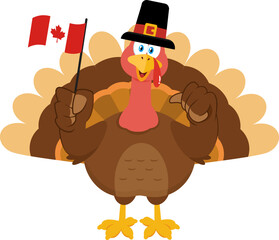 Cute Pilgrim Turkey Bird Cartoon Character Waving Canada Flag And Giving The Thumbs. Vector Illustration Flat Design Isolated On Transparent Background