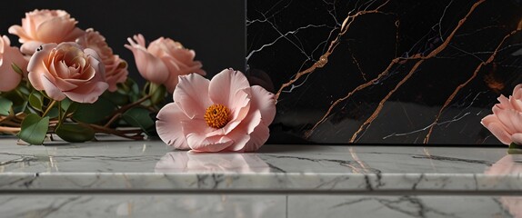Modern Black Marble Podium, front view focus with Rose Gold Accents and Soft Pink Flowers Background