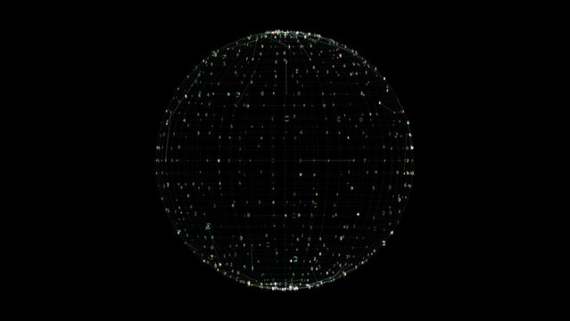 An animated 3D sphere with grid lines and dots depicted in a sleek and modern digital style