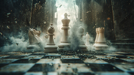 Chessboard With Broken White Pieces And The King In Check: Abandoned Castle Background With Dust And Debris, Creating A Dark Atmosphere Of Intense Battle Scenes Symbolizing The Medieval Age And Figh