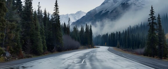 Road in green forest misty fog, mountains, hills, pine trees, woods - beautiful landscape roadway...