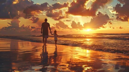 Father And Daughter Enjoying The Beach Playing In The Ocean At Sunset Father's Day