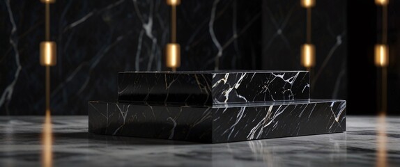 Modern Black Marble Podium, front view focus with Rose Gold Accents and Soft Pink Flowers Background