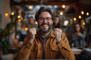 Fototapeta premium Man in cafe showing victory gesture