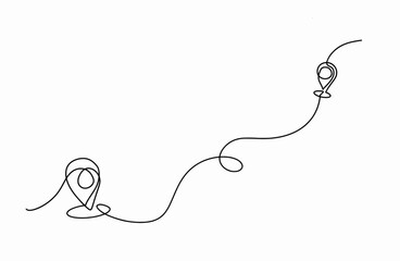 Obraz premium Destination line path with starting point location, Path with location pins. Distance from one point to another in doodle style isolated on white background, vector Illustration