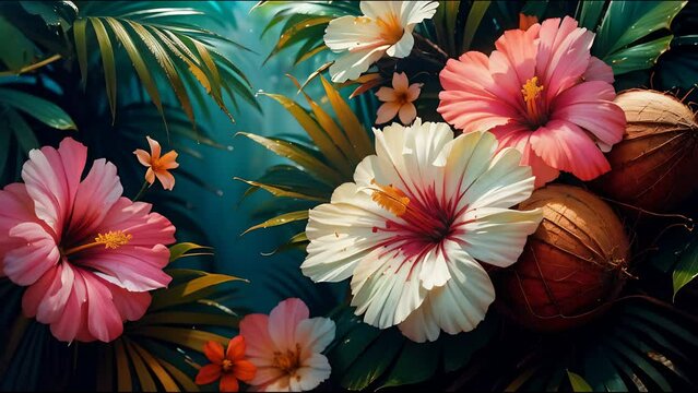 tropical flower paradise, exotic vibrant flowers bloom, saturating the air with sweet coconut scent, evoking a tropical holiday ambiance
