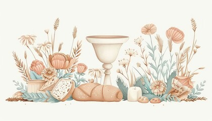 Eucharist. Still life with bread, wine and flowers.