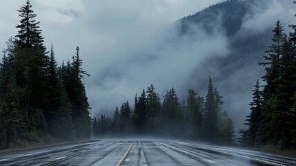 Road in green forest misty fog, mountains, hills, pine trees, woods - beautiful landscape roadway background wallpaper copyspace - Ambition, adventure, goal, progress, career path, holiday, nature