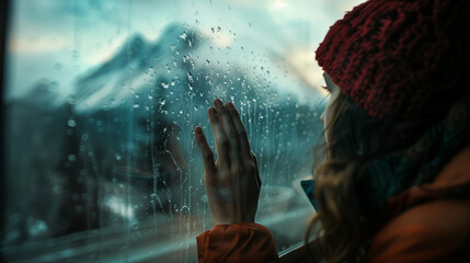 A woman touching a rain-covered window