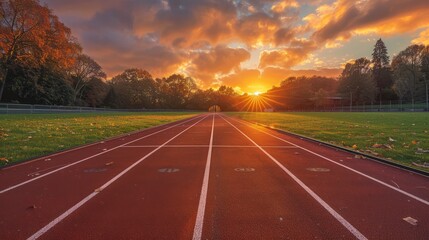 Obraz premium Peaceful evening walk on athletic track with glowing sunset