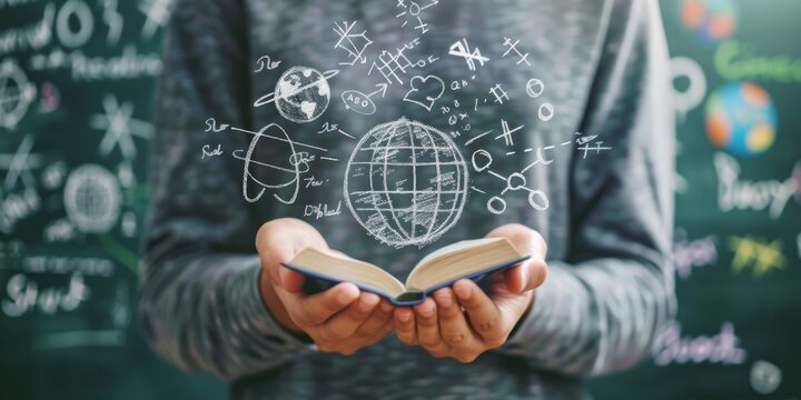 A person holds an open book with mathematical and scientific formulas emerging, symbolizing innovative education in science, emphasizing learning, teaching, and exploration of scientific concepts