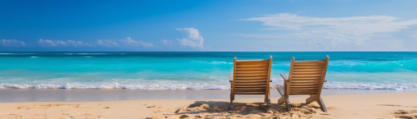 Obraz premium Two lounger chair at calm beach with clear blue sky and ocean water
