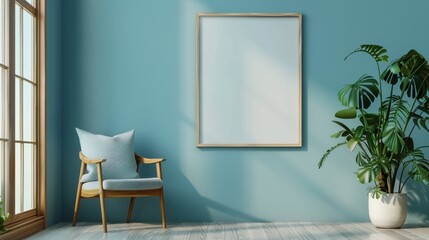 Minimalist interior with empty frame on blue wall, wooden chair, and potted plant near window. Perfect for art or photo display.