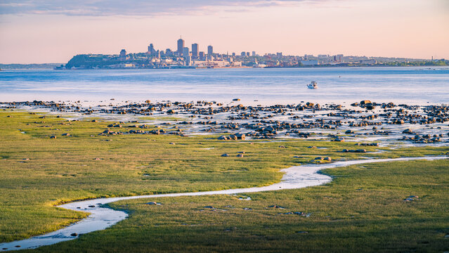 Shore of Orleans island and Quebec city cityscape in the back at sunset on a warm summer day, Canada