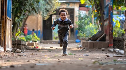 A young boy runs with a smile on his face through a narrow, dusty alleyway in Ethiopia. Back to school - Powered by Adobe