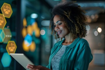 Targeting customer concept. The businesswoman is working on her laptop, surrounded by ICONS representing social media and digital marketing services. Data exchange development and customer service.