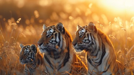 Majestic Tiger Family in Vibrant Grassland Silhouette - Double Exposure Close-Up Shot with Savannah Backdrop