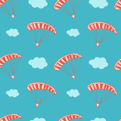 Seamless vector pattern: parachute with clouds against the sky. Doodle, linear vector. For travel companies, children's rooms, printing on fabric, background for a website, bed linen
