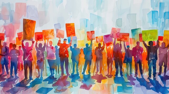 Vibrant watercolor painting capturing a group of people holding signs in a peaceful protest, symbolizing unity and social movements.