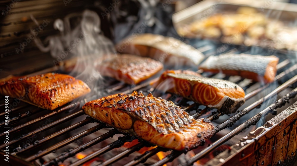 Wall mural A barbecue grill filled with an assortment of fish fillets, sizzling and smoking as they cook to perfection. - Wall murals
