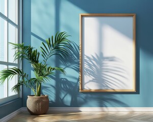Bright minimalist interior with blank picture frame and potted plant, showcasing modern decor under natural daylight through the window.