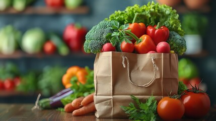 A paper bag filled with a variety of vegetables and fruits against a solid background. Grocery tote containing nutritious food items.