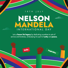 Nelson Mandela International Day. 18th July Nelson mandela day celerbation banner with fist bumps of black people symbolozing unity, braveness, justice, south Africa flag color abstract art.