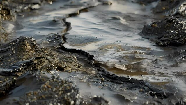 A closeup of a large tar sands deposit showing the dark gooey bitumen within.