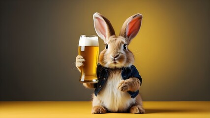  a social media post with a Bunny holding a beer glass, copy space text, and a yellow backdrop in honor of International Beer Day.