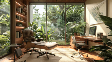 Obraz premium Home office with a serene garden view and natural light