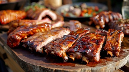 A BBQ feast with a variety of meats, including tender pork ribs, served on a wooden platter.