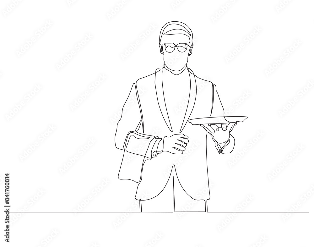 Wall mural continuous one line drawing of waiter holding tray. one line drawing illustration of waiter working.