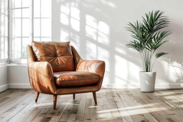 Cozy leather armchair in a bright, minimalist living room with natural light and a potted plant, perfect for relaxation and comfort.
