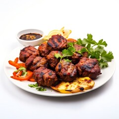 Kebab served in plate with lemon, salad and sauce